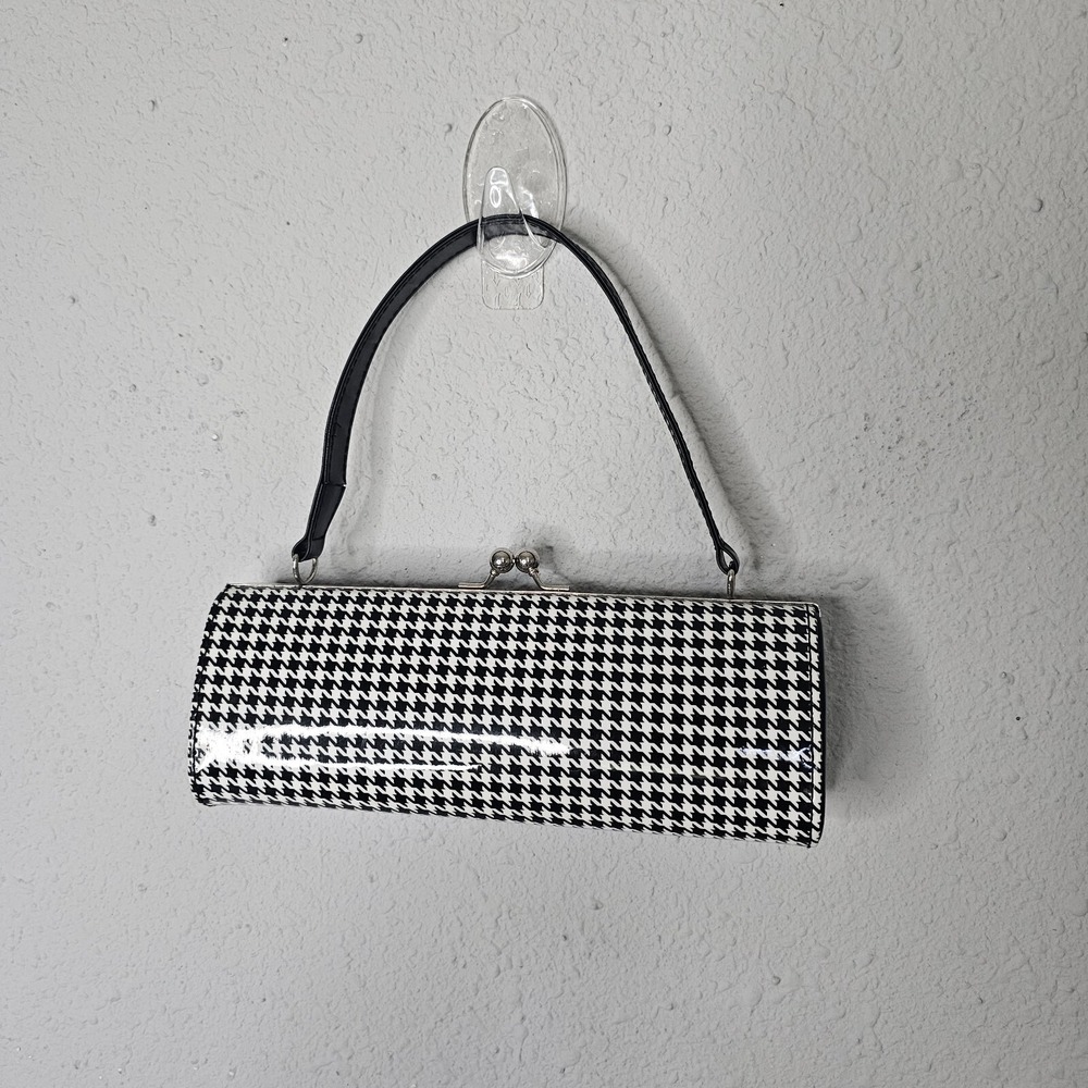 Vintage Style Houndstooth Kiss Lock Handbag Black White Cylinder Top Handle‎ Bag